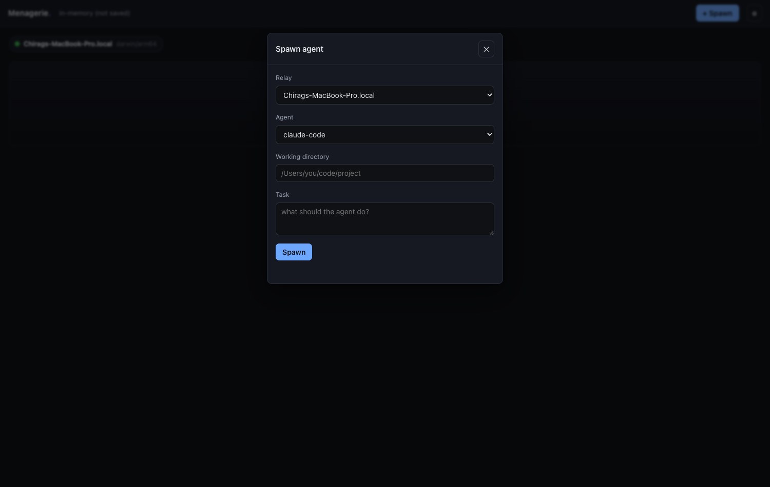 Spawn dialog with relay, agent, working directory, and task fields