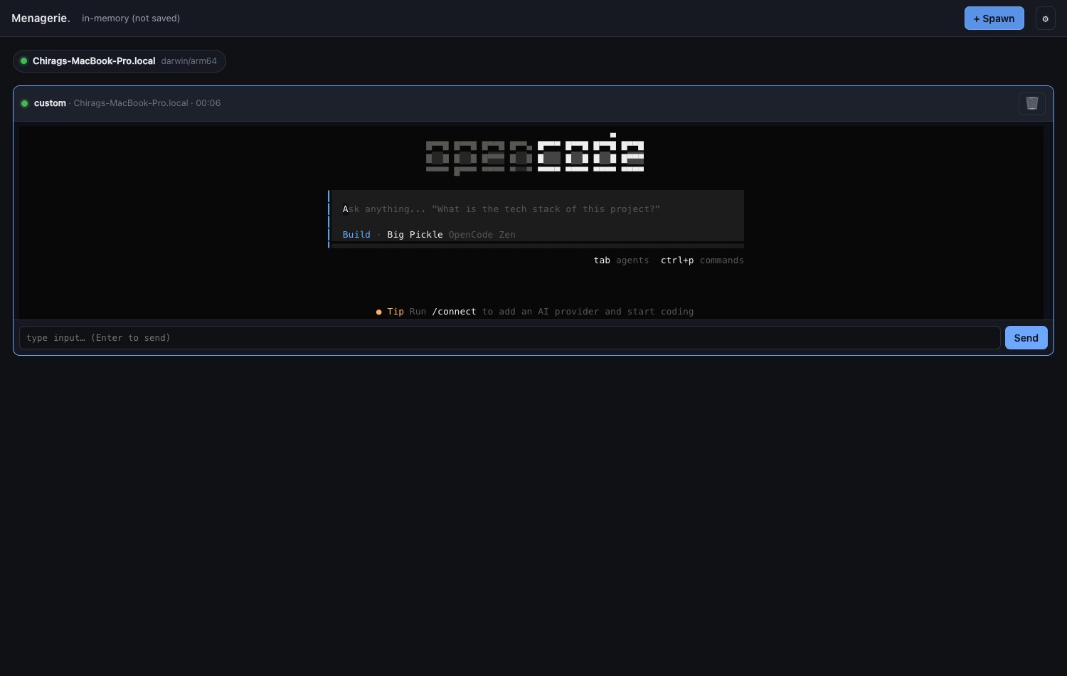 A single live agent tile streaming terminal output with an input bar and kill button