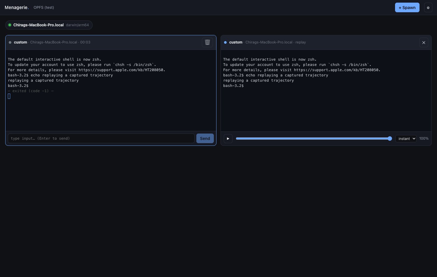 A replay tile re-rendering a past session from captured PTY bytes with play, scrub, and speed controls